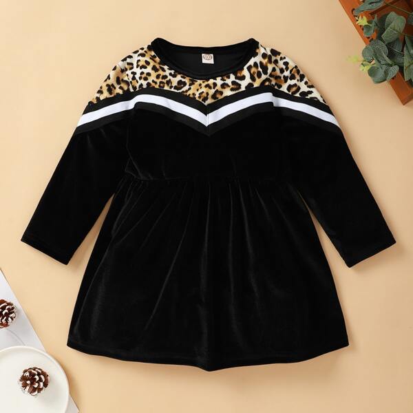 

Toddler Girls Cheetah Panel Striped Velvet Dress, Black