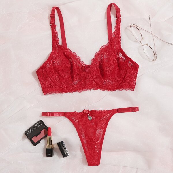 

Floral Lace Underwire Lingerie Set, Red