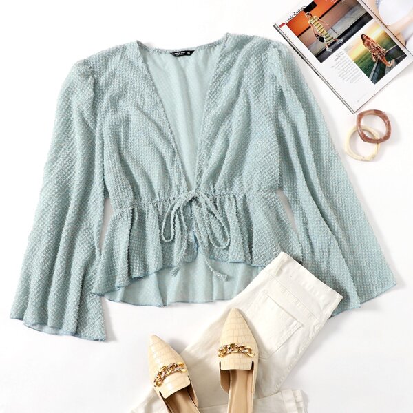 

Plus Tie Front Ruffle Hem Top, Blue