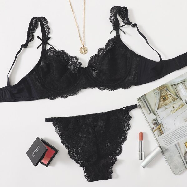 

Floral Lace Push Up Lingerie Set, Black