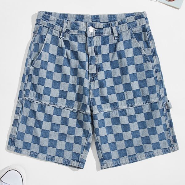 

Men Checked Denim Shorts, Blue