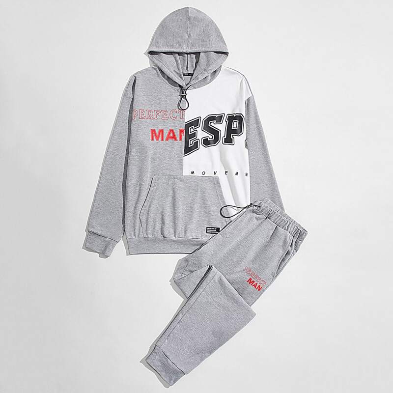 

Guys Letter Graphic Patch Detail Drawstring Hoodie & Joggers Set, Light grey