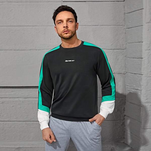 

Men Contrast Panel Sports Sweatshirt, Black