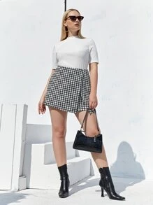 SHEIN MOD Plus High Waist Houndstooth Skort - Black and White - View 4