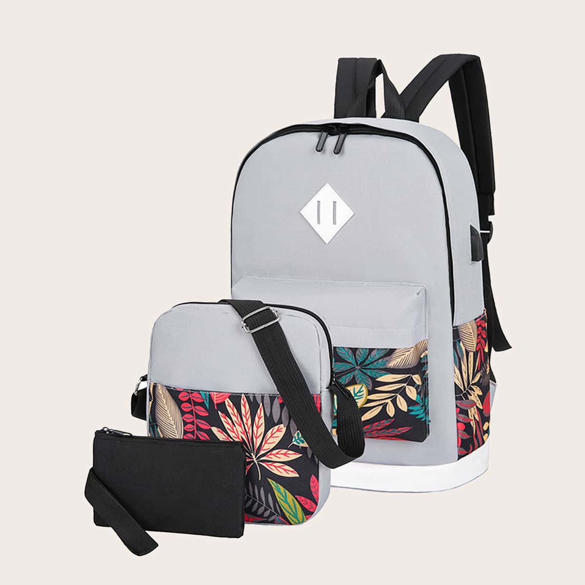

3pcs Plants Graphic Zipper Backpack Set, Grey