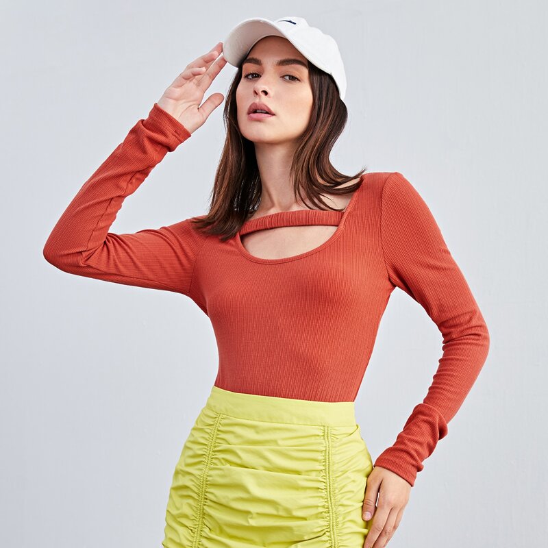 

Keyhole Neck Rib-knit Tee, Burnt orange