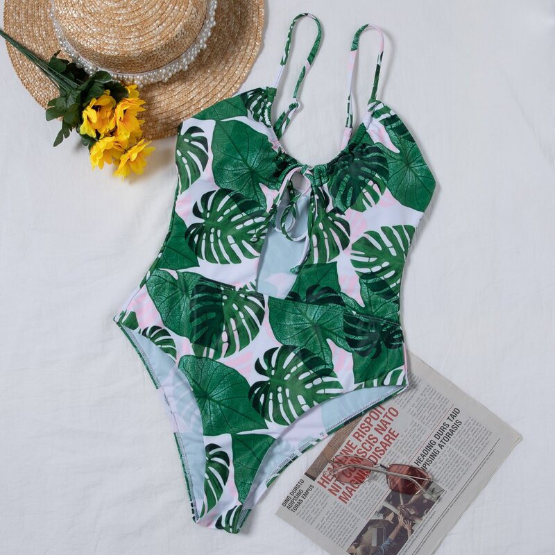 

Tropical Cut-out Knot One Piece Swimsuit, Green