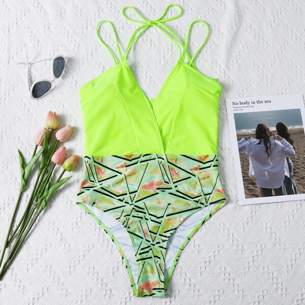 

Contrast Graphic Neon Lime One Piece Swimsuit, Lime green