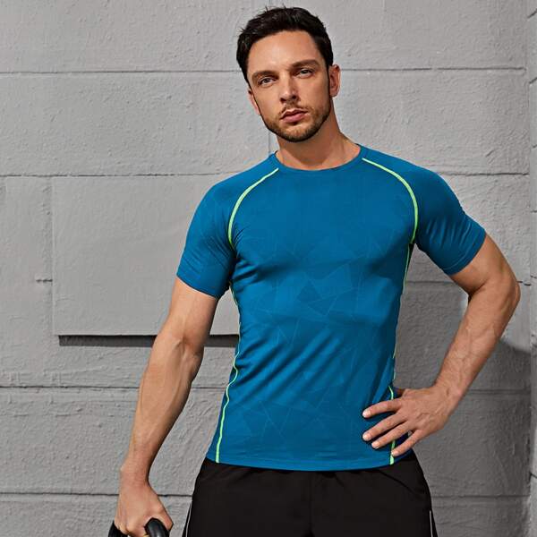 

Men Topstitching Crew Neck Sports Tee, Blue
