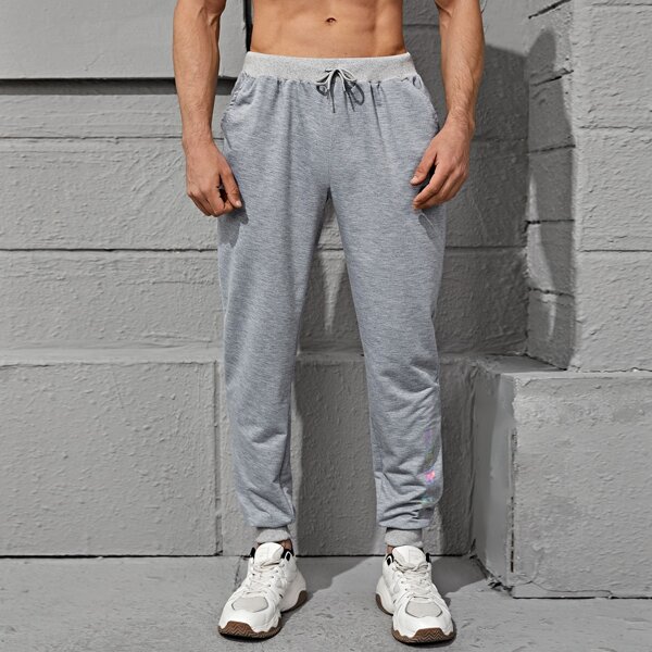 

Men Letter Graphic Drawstring Waist Sports Pants, Grey