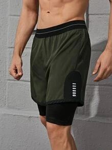 Shorts deportivos 2 en 1 panel en contraste con bolsillo - Verde militar - Ver 1