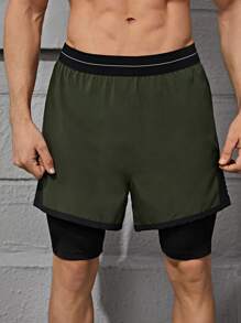 Shorts deportivos 2 en 1 panel en contraste con bolsillo - Verde militar - Ver 3