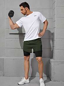 Shorts deportivos 2 en 1 panel en contraste con bolsillo - Verde militar - Ver 4