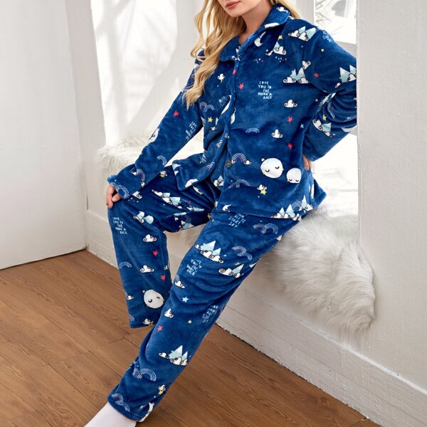 

Plus Cartoon & Slogan Flannel Pajama Set, Blue