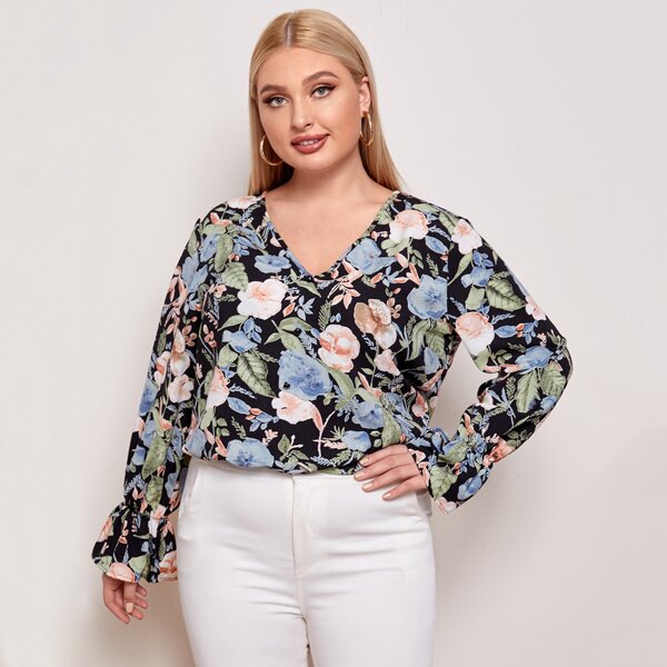 

Plus Flounce Sleeve Floral Top, Multicolor
