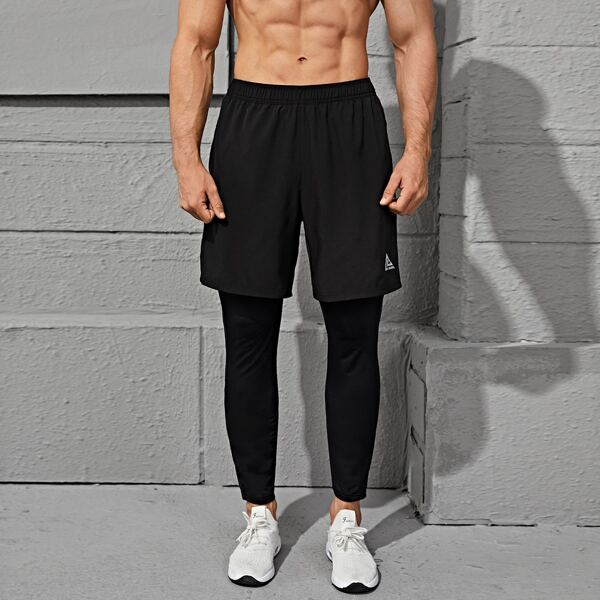 

Men 2 In 1 Reflective Taped Letter Graphic Sport Tights, Black
