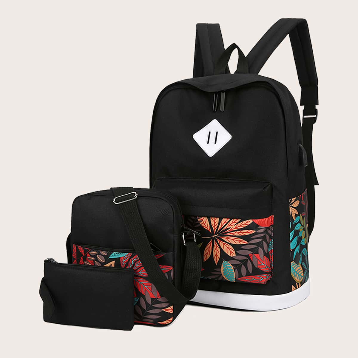 

3pcs Guys Plants Graphic Zipper Backpack Set, Black