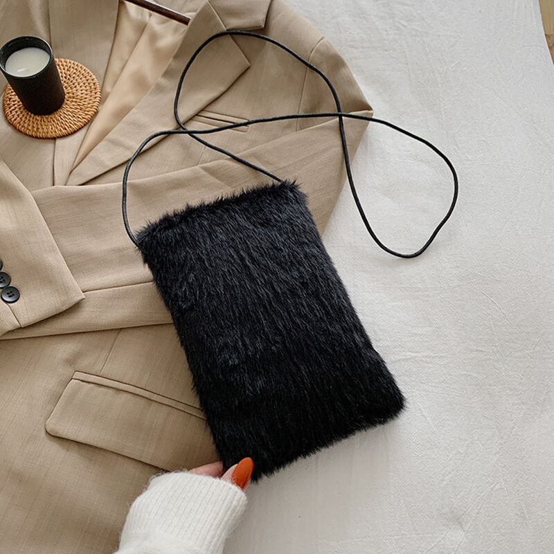 

Solid Fluffy Crossbody Phone Bag, Black