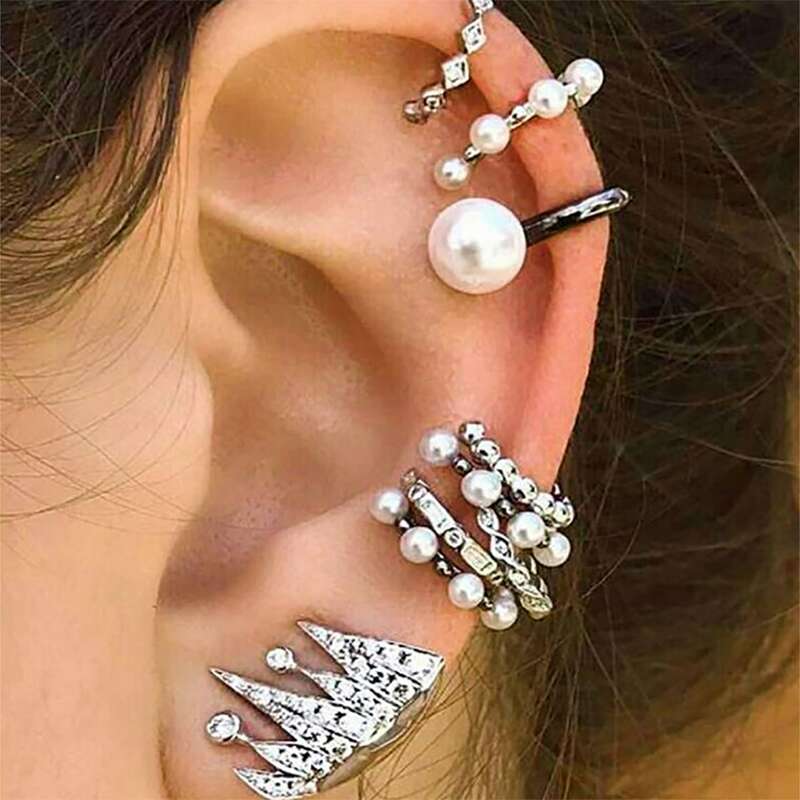

9pcs Faux Pearl Earrings Set, Silver
