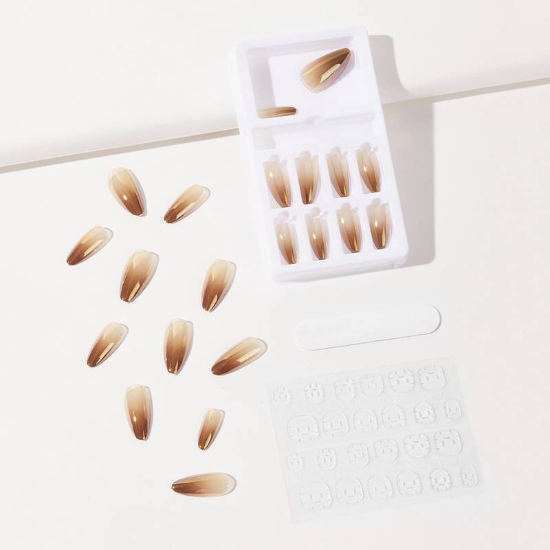 

24pcs Ombre Fake Nail & & 1sheet Tape & 1pc Nail File, Brown