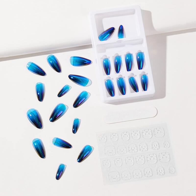 

24pcs Ombre Fake Nail & & 1sheet Tape & 1pc Nail File, Blue
