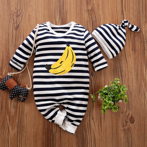 

Baby Boy Banana And Stripe Print Jumpsuit With Hat, Blue and white
