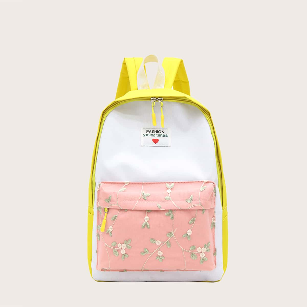 

Leaf Embroidered Color Block Backpack, White
