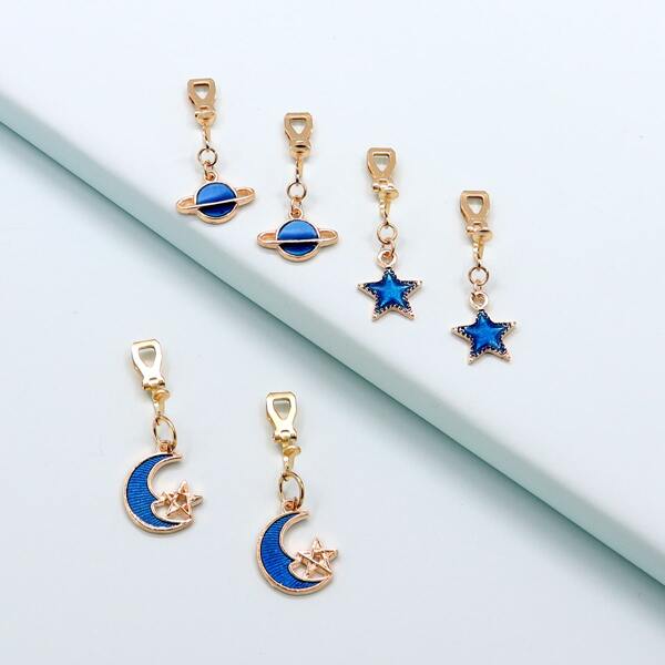 

3pairs Girls Star Moon Charm Earrings, Blue