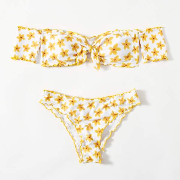 

Floral Lettuce Trim Bardot Bikini Swimsuit, Multicolor