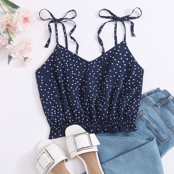 

Plus Knot Strap Polka Dot Cami Top, Navy blue