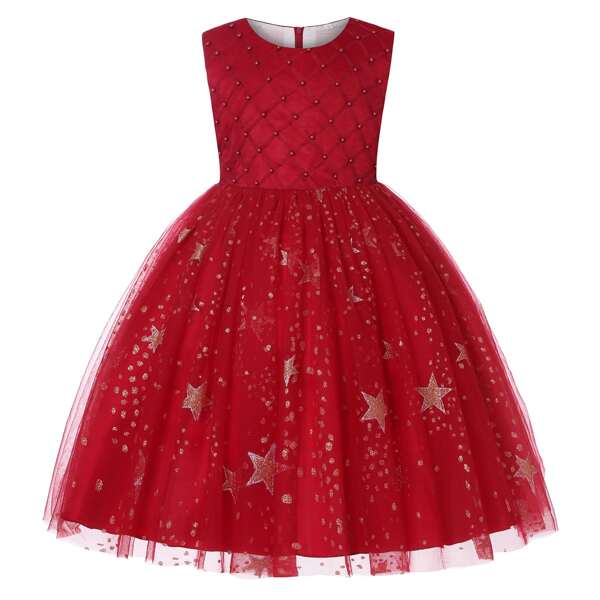 

Girls Pearls Beaded Tie Back Mesh Gown Dress, Burgundy