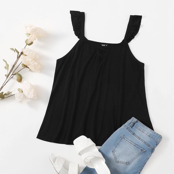 

Plus Criss-cross Ruffle Trim Cami Top, Black