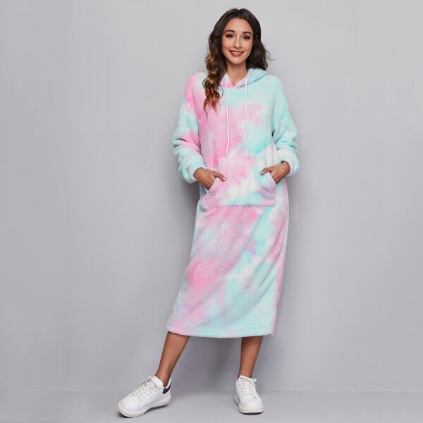 

Pouch Pocket Tie Dye Hooded Dress, Multicolor