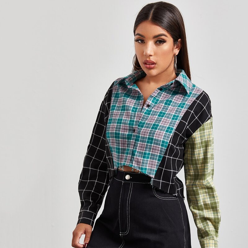 

Drop Shoulder Plaid Colorblock Frayed Hem Blouse, Multicolor
