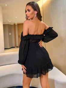 Double Crazy Ruffle Trim Swiss Dot Bardot Dress - Black - View 2