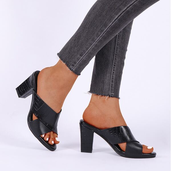 

Croc Embossed Chunky Heeled Mule Sandals, Black