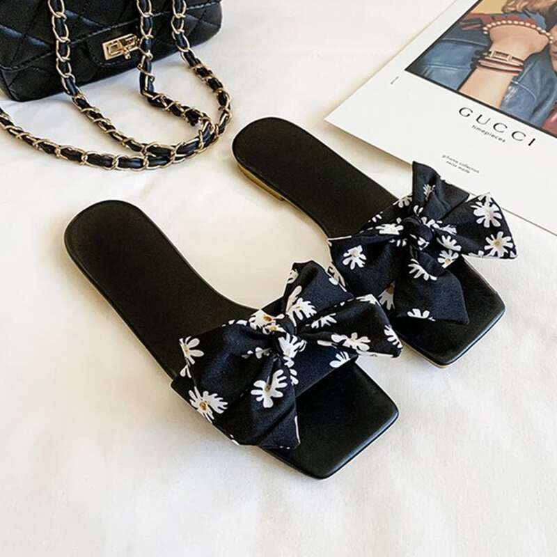 

Floral Bow Slide Sandals, Black