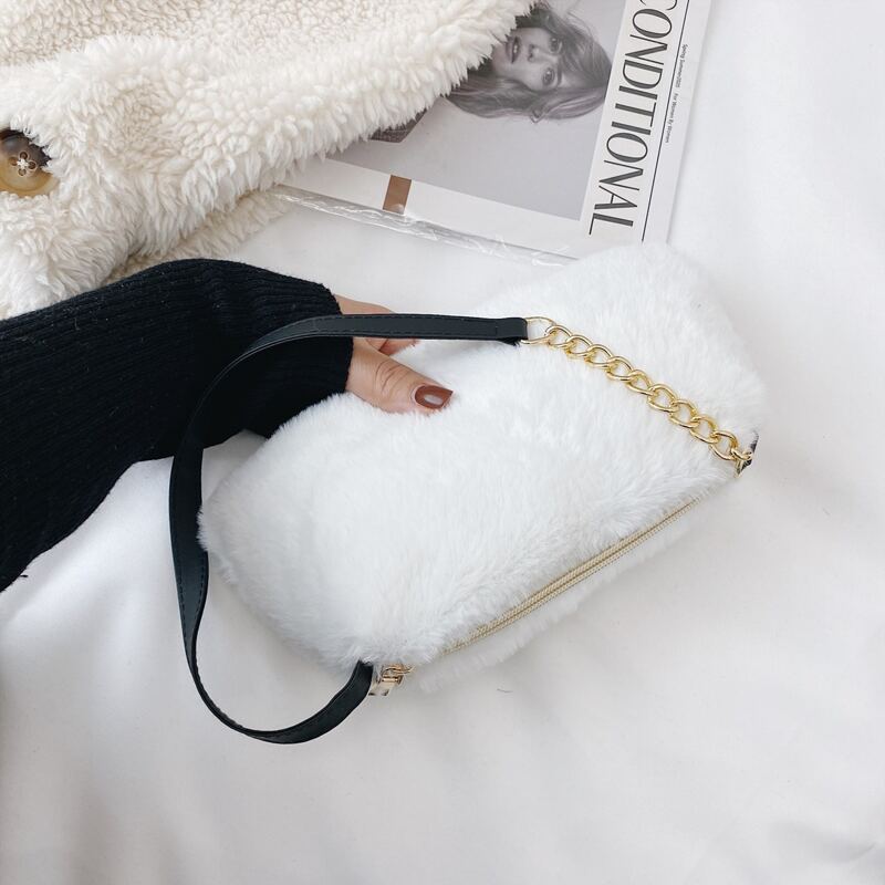 

Solid Fluffy Shoulder Bag, White
