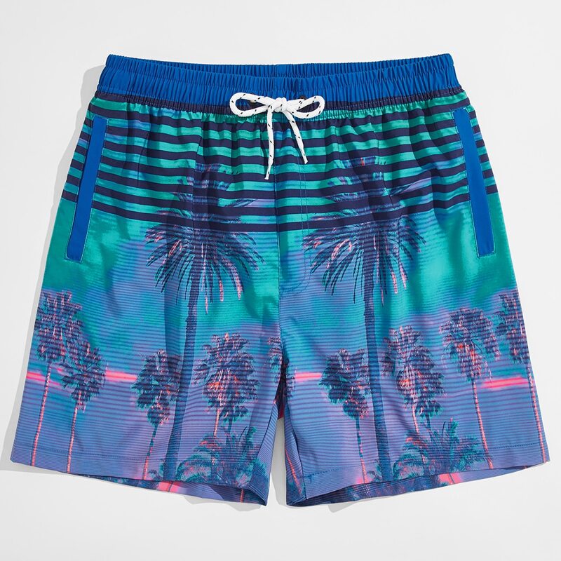 

Guys Palm Tree & Striped Drawstring Swim Shorts, Multicolor