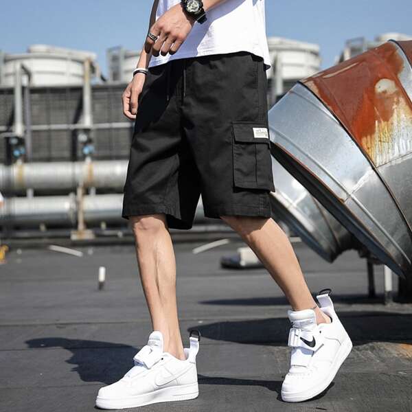 

Men Flap Pocket Patched Shorts, Black