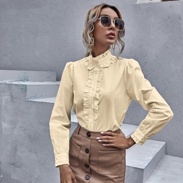 

Ruffle Trim Puff Sleeve Solid Blouse, Apricot