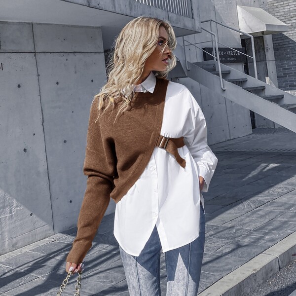 

Drop Shoulder Oversized Blouse & Asymmetrical Knit Top, Multicolor