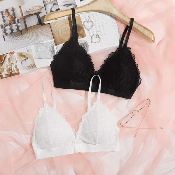 

2pack Floral Lace Triangle Bra Set, Black and white