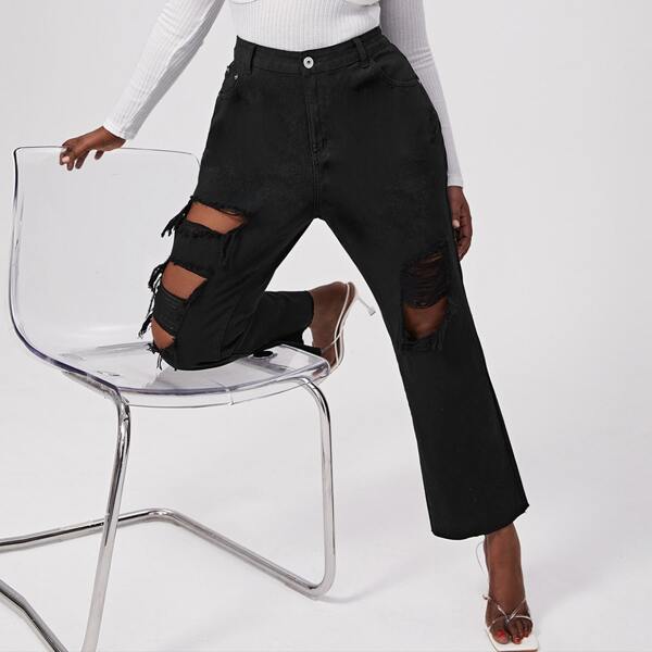 

Plus High Waist Ripped Jeans, Black