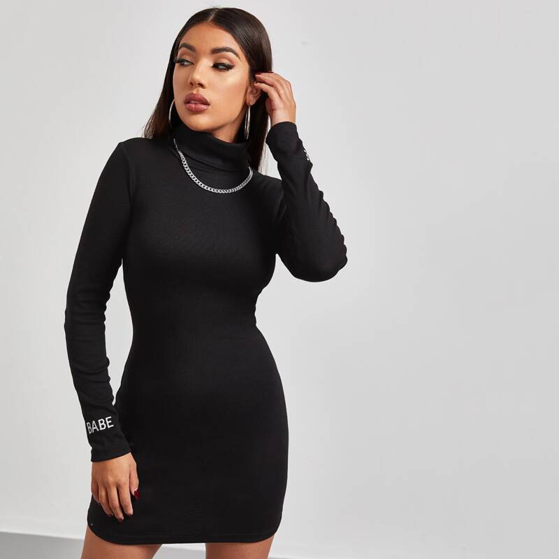 

Mask Turtle Neck Letter Embroidery Dress, Black