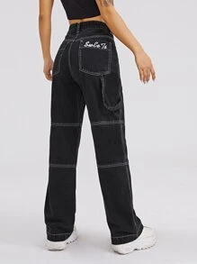 High Waist Embroidered Letter Denim Jeans - Black - View 1