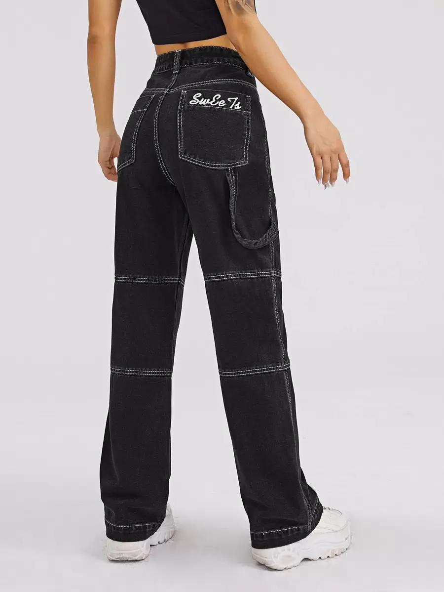 High Waist Embroidered Letter Denim Jeans - Black - View 1