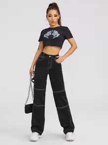 High Waist Embroidered Letter Denim Jeans - Black - View 3
