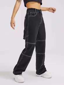 High Waist Embroidered Letter Denim Jeans - Black - View 4