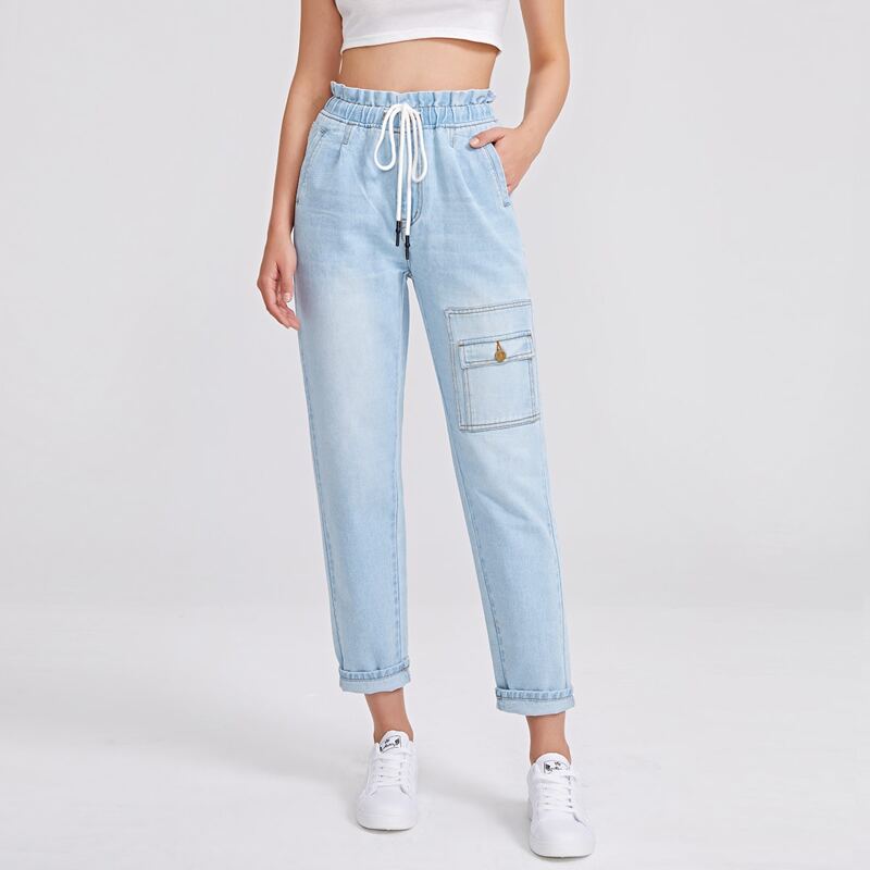 

Drawstring Paper Bag Waist Cargo Jeans, Light wash